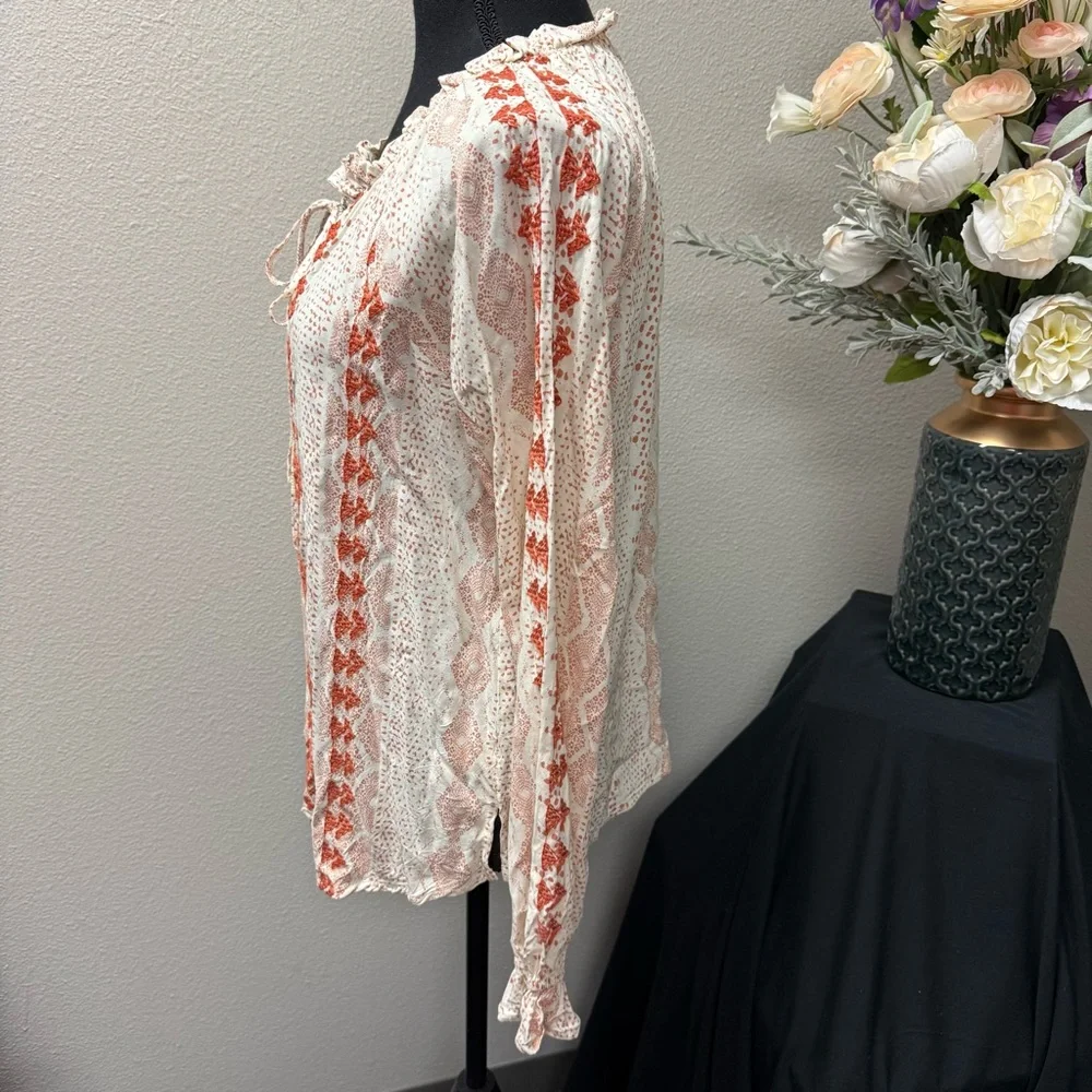 Savanna Jane Cream Rust Boho Peasant Blouse M Embroidered Print Fall Top - Picture 2 of 7